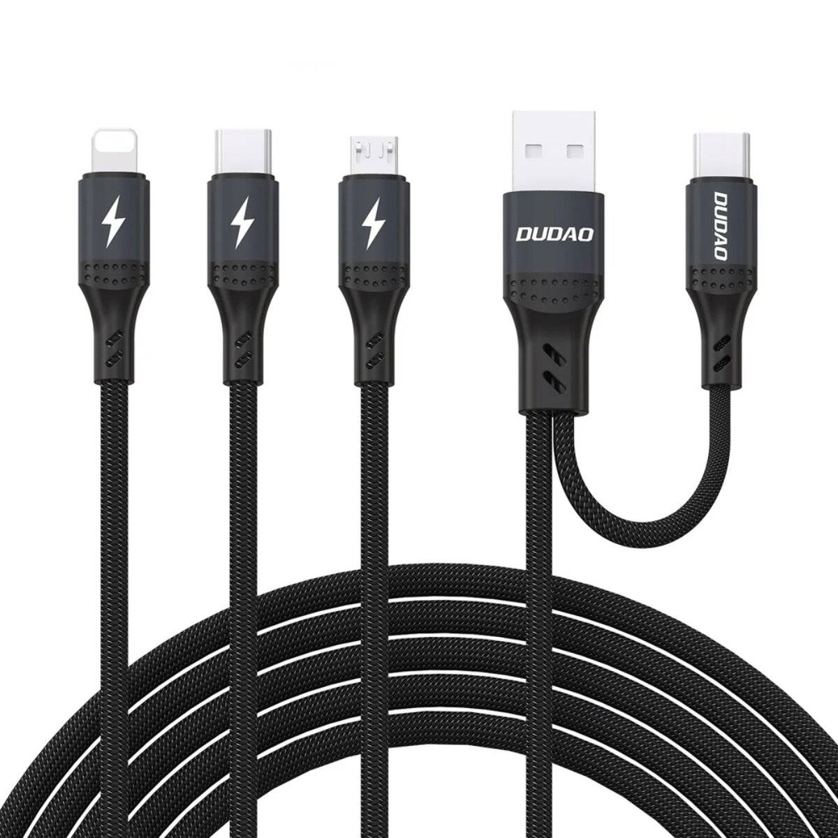 Dieses Bild zeigt ein schwarzes geflochtenes Ladekabel mit austauschbaren Steckern: Lightning, USB-C, Micro USB, USB-A und ein kurzes USB-C.