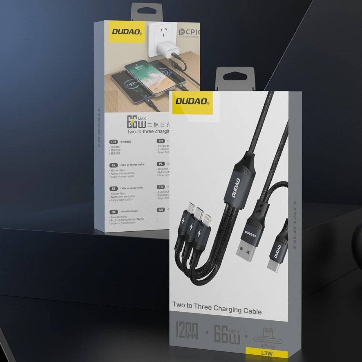 Zwei DUDAO-Ladekabel in Verpackung; eines mit 3-in-1-Design und ein weiteres USB zu USB-C. Die Verpackungen zeigen Produktbilder und Spezifikationen.