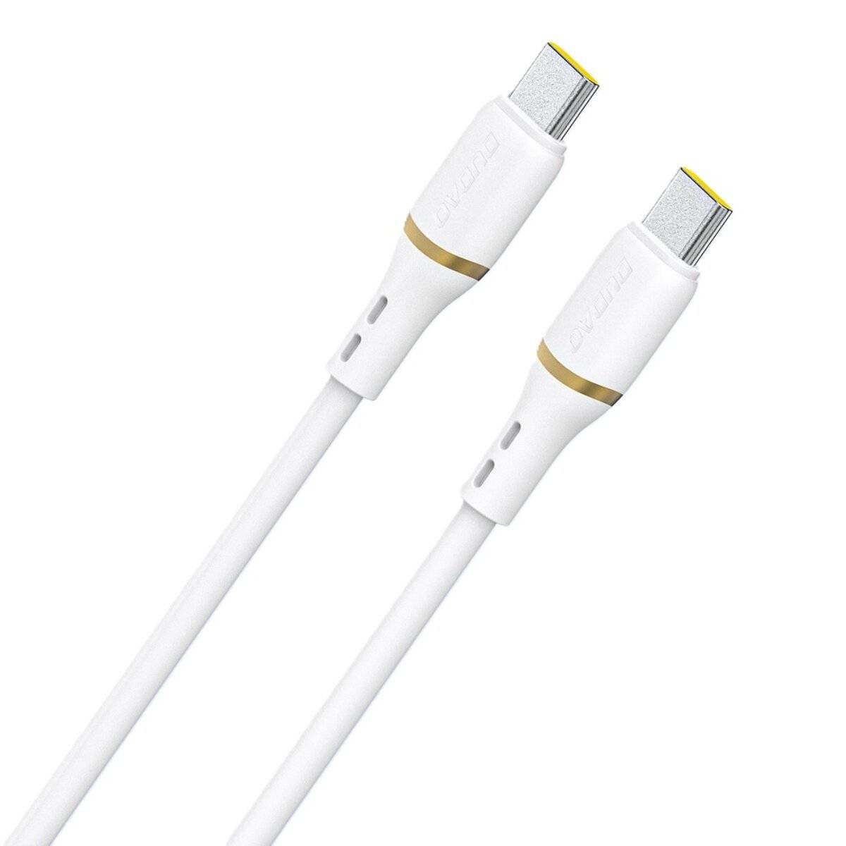 Zwei weiße USB-C-Kabel mit metallischen Steckern an beiden Enden auf einfachem Hintergrund dargestellt.