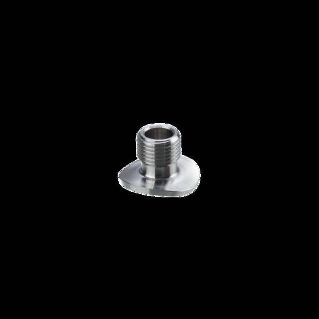 Eine Metallgewindearmatur mit zylindrischer Form und breiter Basis. Geeignet zum Verbinden von Rohren oder Schläuchen in Sanitär- oder Industrieanwendungen.