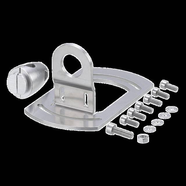 Metallhardware-Set mit Halterung, Bolzen, Schrauben und Unterlegscheiben auf weißem Hintergrund.