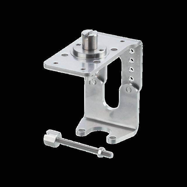 Metallmontageklammer mit einstellbarer Spindel und Bolzen, verwendet zum Sichern von rotierenden Komponenten.
