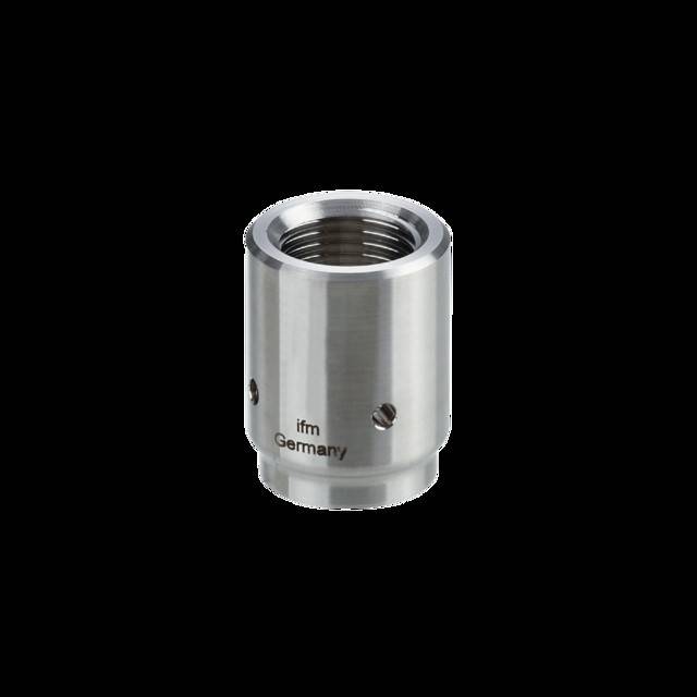Ein metallischer, zylindrischer Sensorteil mit Gewinde innen und kleinen Seitenlöchern, gekennzeichnet mit „ifm Germany