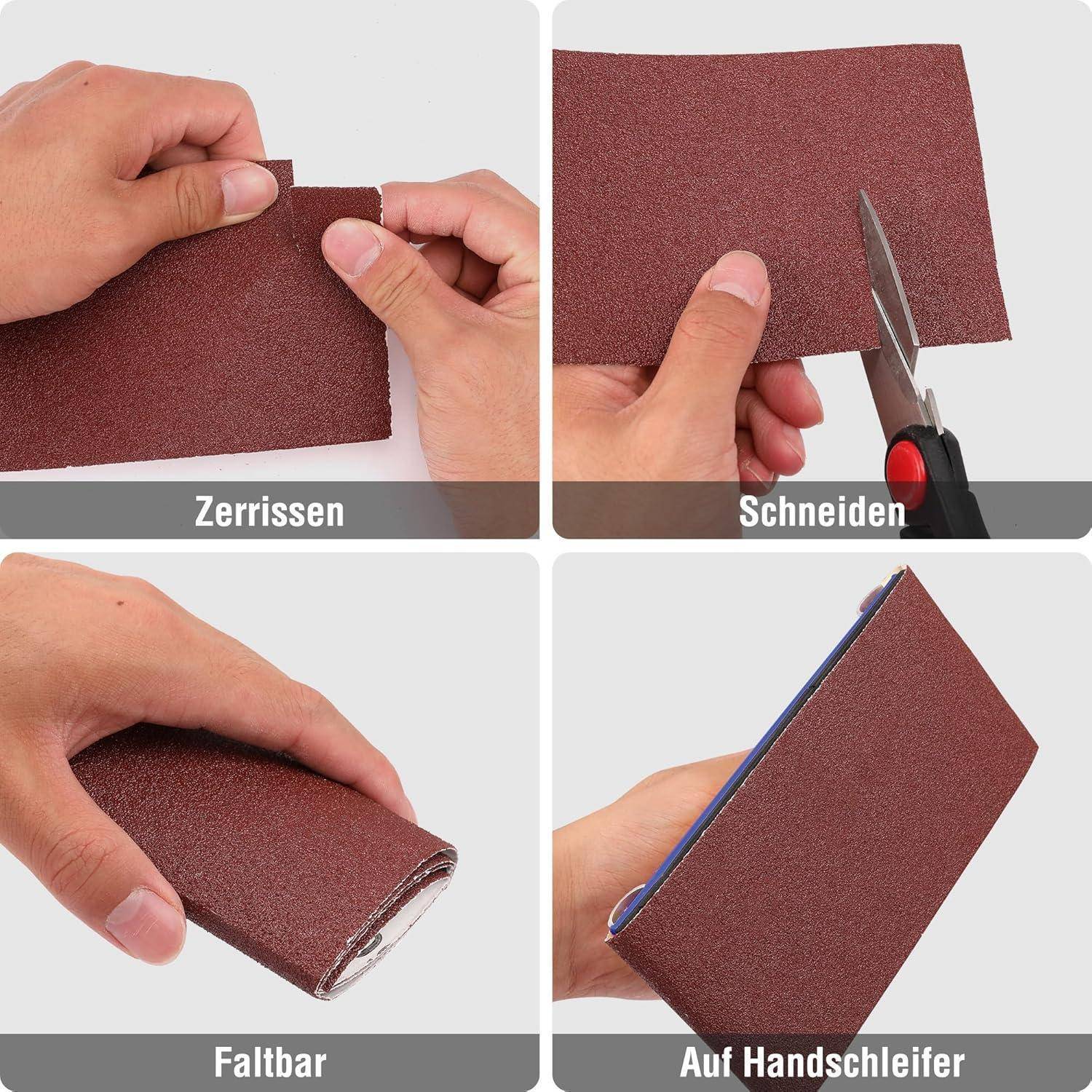 Das Bild zeigt vier Möglichkeiten, Schleifpapier zu handhaben: Reißen, Schneiden mit einer Schere, Falten und Platzieren auf einem Handschleiffer.