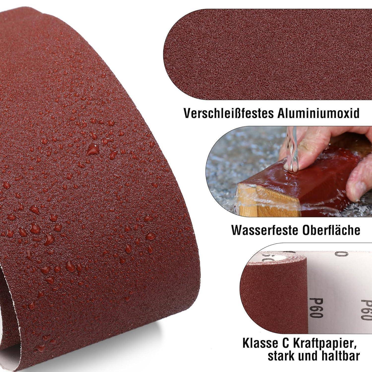 Eine braune Schleifpapierrolle mit der Aufschrift „Verschleißfestes Aluminiumoxid