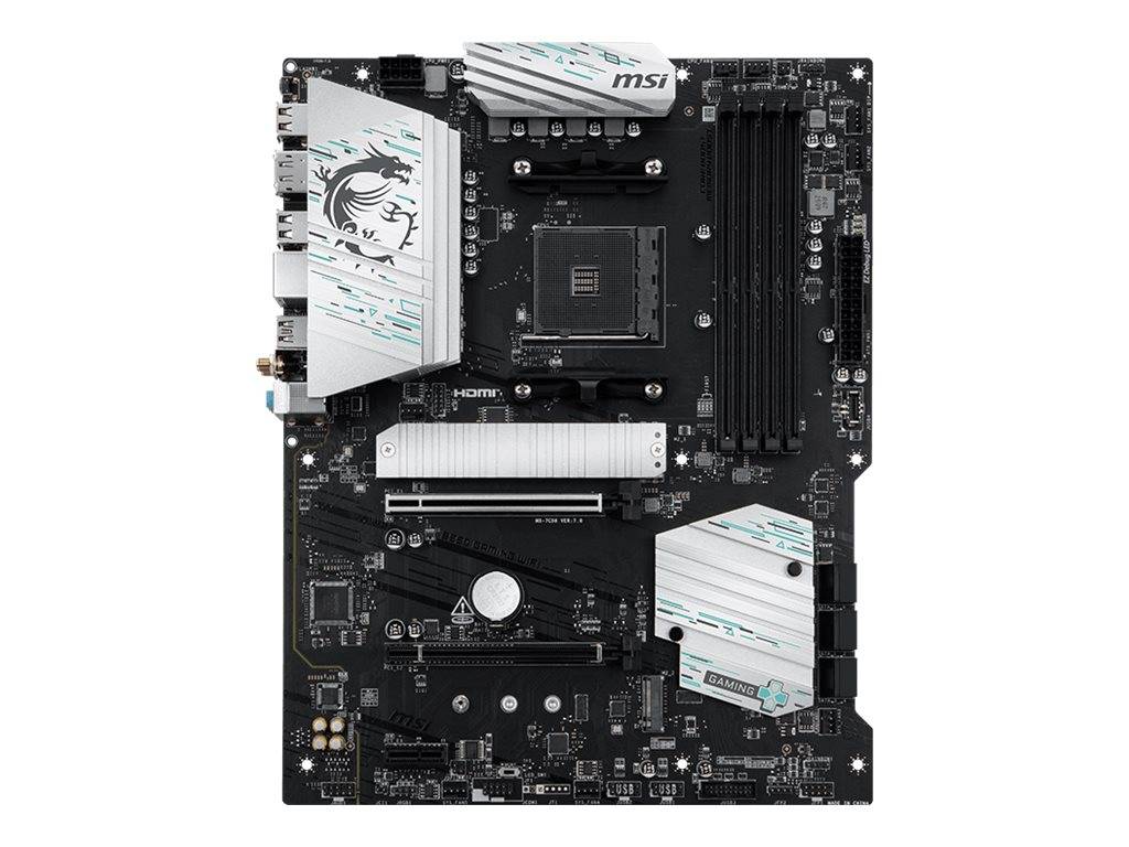 MSI-Mainboard mit AMD-CPU-Sockel, vier RAM-Slots, Erweiterungssteckplätze und weißen Kühlkörpern, die den Chipsatz und die M.2-Bereiche abdecken.