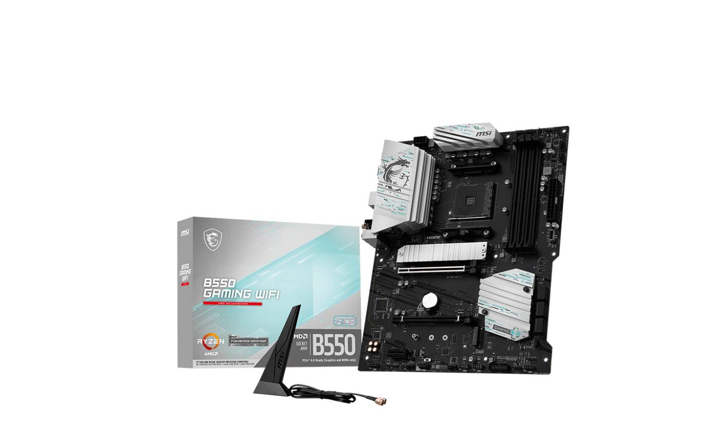 Produktbild eines MSI B550 Gaming WiFi Mainboards mit Einzelhandelskarton und Wi-Fi-Antenne auf weißem Hintergrund.