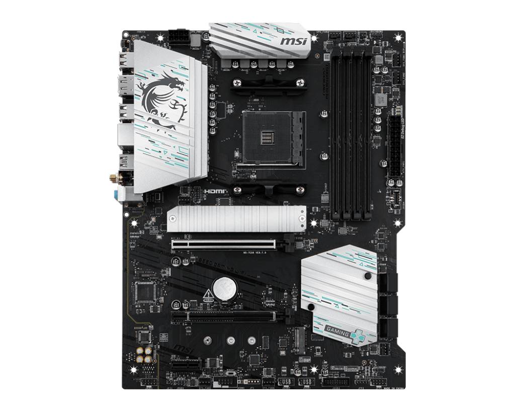 MSI B550 Hauptplatine mit AMD-CPU-Sockel, vier RAM-Steckplätzen, PCIe-Steckplätzen und silbernen Kühlkörpern auf einer schwarzen Platine.