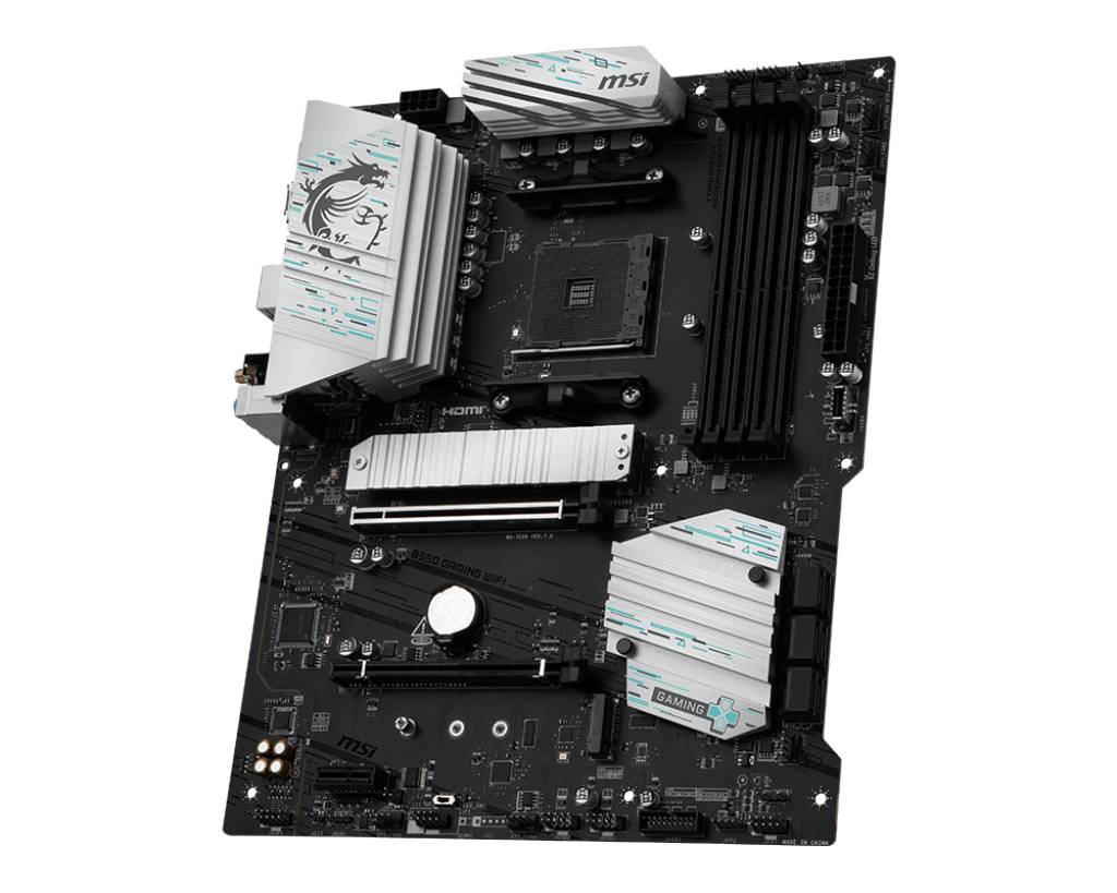 MSI-Computermainboard auf schwarzem Hintergrund, mit sichtbarem CPU-Sockel, RAM-Steckplätzen, PCIe-Steckplatz und weißen Kühlkörpern.