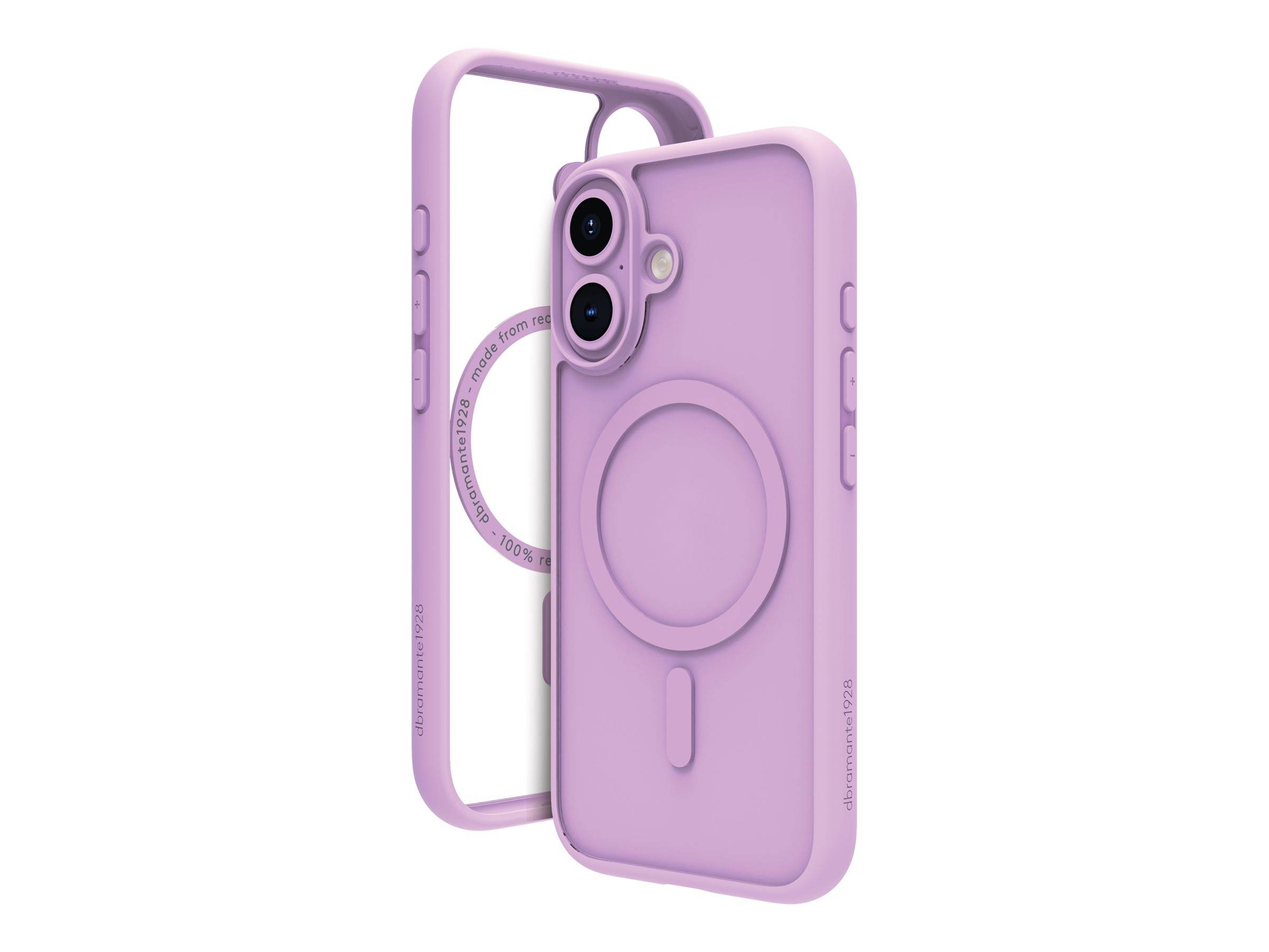 Zwei violette Handyhüllen mit Kameraausschnitten und einem kreisförmigen Muster auf der Rückseite, entworfen für Modellkompatibilität, auf dem Display dargestellt.