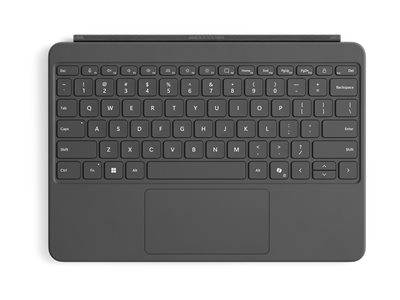 Schwarze Computertastatur mit einem integrierten Touchpad unter den Tasten. Sie umfasst alle Standard-Tasten und Tastenkombinationen für ein Windows-Betriebssystem.