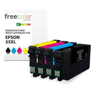 Vier aufbereitete Tintenstrahlpatronen für Epson 35XL in Schwarz, Cyan, Magenta und Gelb mit einer Verpackung, auf der „freecolor