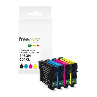 Verpackung von wiederaufbereiteten Tintenstrahlpatronen für Epson 604XL. Umfasst schwarze, cyan-, magenta- und gelbe Patronen mit „freecolor