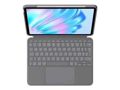 Tablet mit Schutzhülle mit Tastatur, das einen bunten abstrakten Bildschirm anzeigt. Die Tastatur verfügt über ein Touchpad.