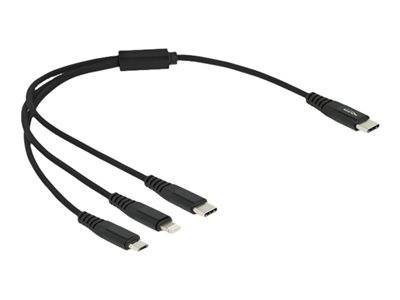 Ein Multi-Ladekabel mit vier verschiedenen Anschlüssen: USB, USB-C, Lightning und Micro USB, entworfen zum Laden verschiedener Geräte.