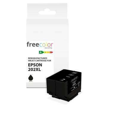 Das Bild zeigt eine aufgearbeitete Tintenstrahlpatrone für Epson 202XL von Freecolor, mit Fokus auf hochwertige Druckqualität, zusammen mit der Verpackung angezeigt.