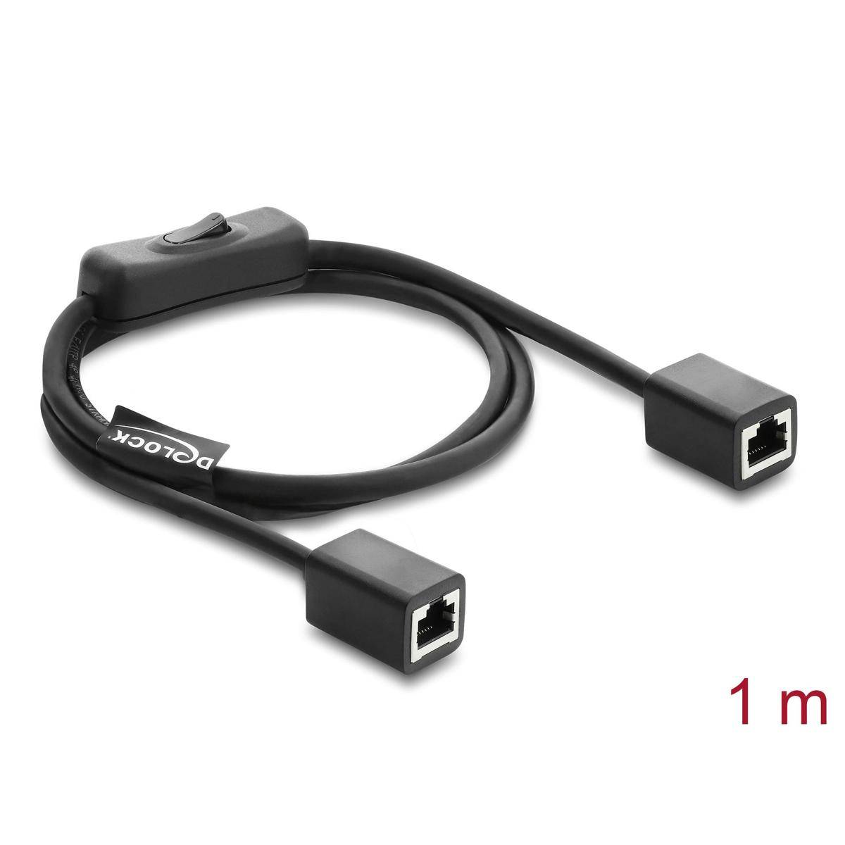 Schwarzes 1-Meter-Ethernet-Adapterkabel mit zwei weiblichen Anschlüssen und einer Schalttaste oben.