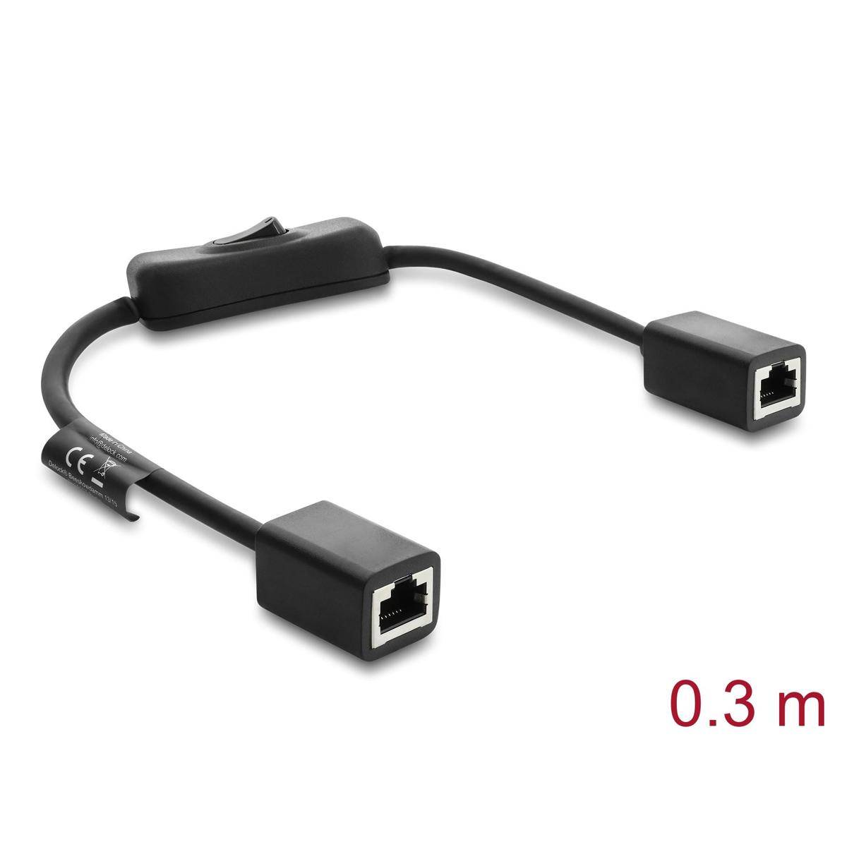 Ein schwarzes, 0,3-Meter-Netzwerkkabel-Splitter mit zwei Ethernet-Anschlüssen zum Anschließen von Geräten an ein Netzwerk.