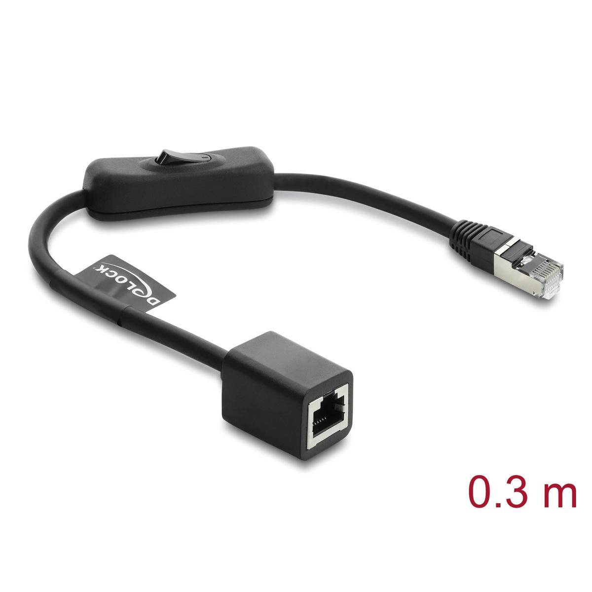 Dies ist ein Ethernet-Verlängerungskabel. Das Bild zeigt das Kabel und die Stecker mit einer angegebenen Länge von 0,3 Metern.