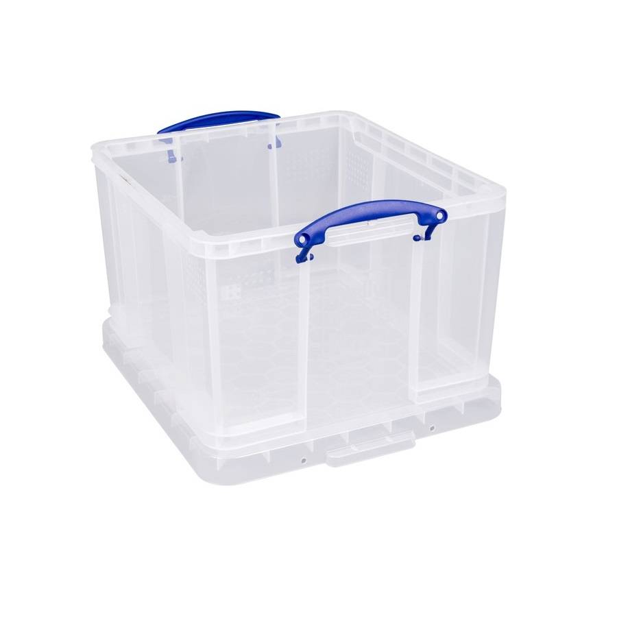 Eine durchsichtige Kunststoff-Aufbewahrungsbox mit blauen Griffen und einem Rastermuster-Boden, konzipiert für Organisa­tion und einfaches Stapeln.