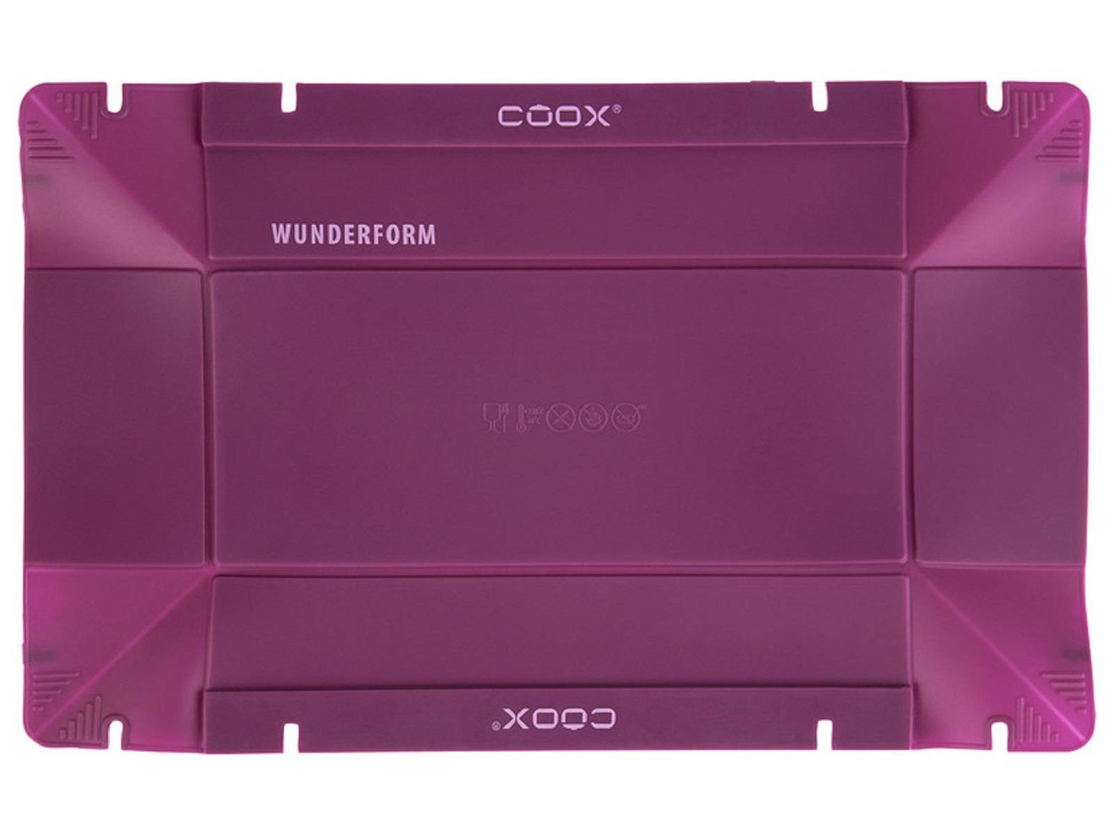 Eine lila, rechteckige Backmatte mit der Marke 'Wunderform' und dem Logo 'COOX' darauf sichtbar. Entwickelt für flexible Backzwecke.