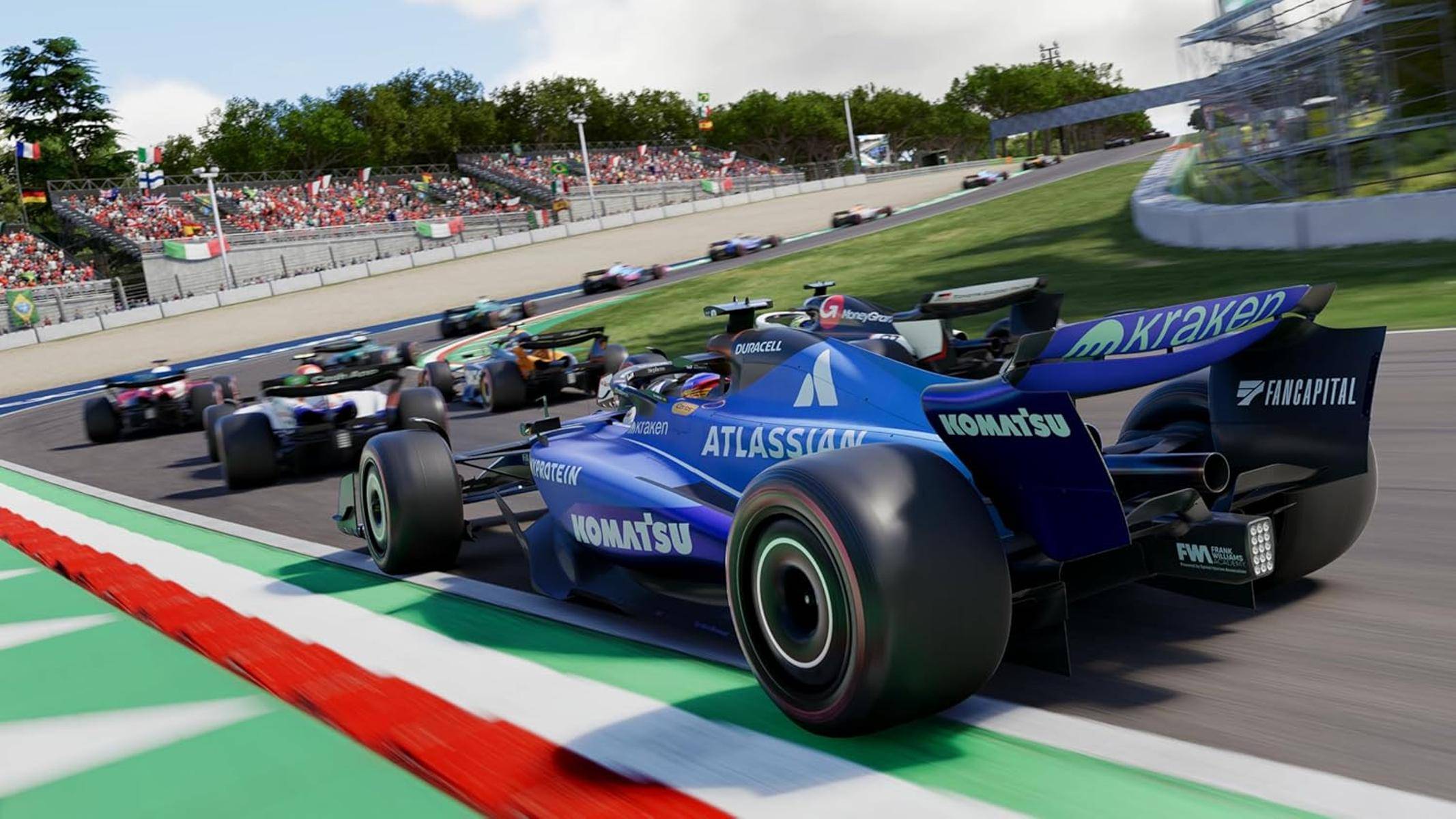 Formel-1-Autorennen mit mehreren Fahrzeugen, die die Strecke hinunterrasen. Das Hauptfahrzeug, prominent im Blick, hat sichtbare Sponsorenlogos.