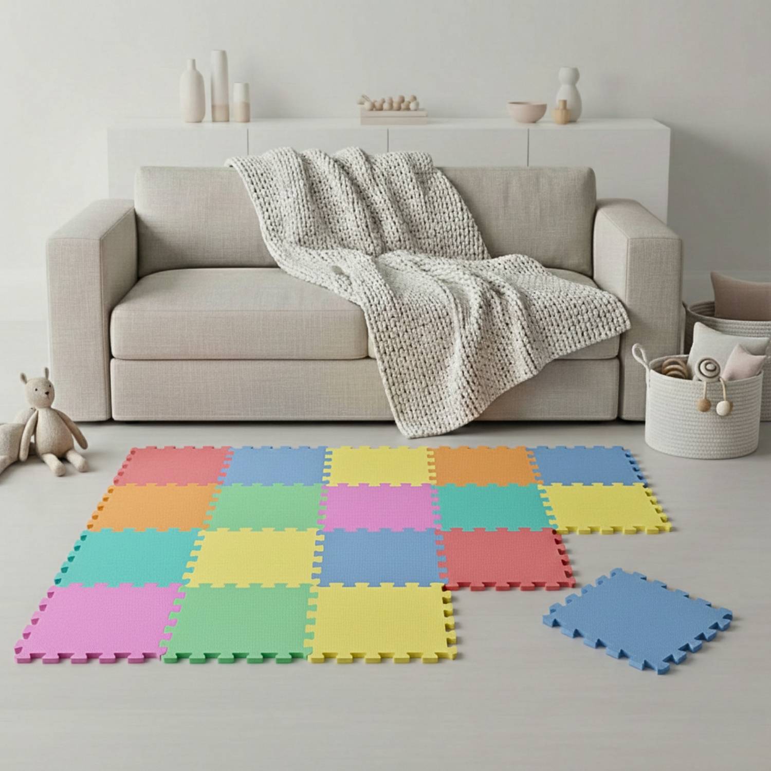 Ein Wohnzimmer mit einem beigen Sofa, einer hellen Wurfdecke und einer weichen Spielmatte in Pastellfarben auf dem Boden, umgeben von Spielzeug und Aufbewahrungskörben.
