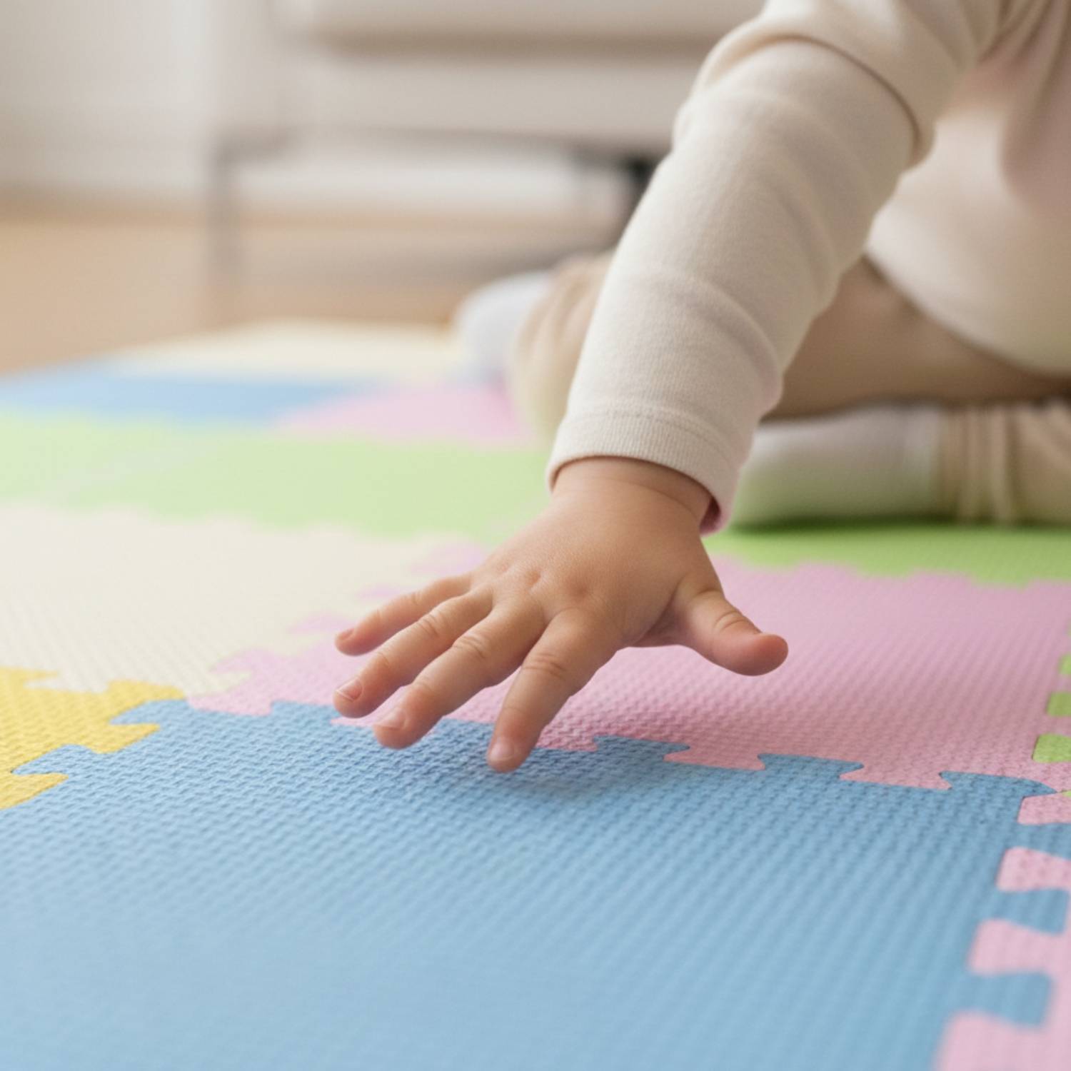 Die Hand eines Babys streckt sich auf einer bunten Schaumstoffmatte aus und zeigt Spielzeit oder Erkundung in einer sicheren, kindergerechten Umgebung.