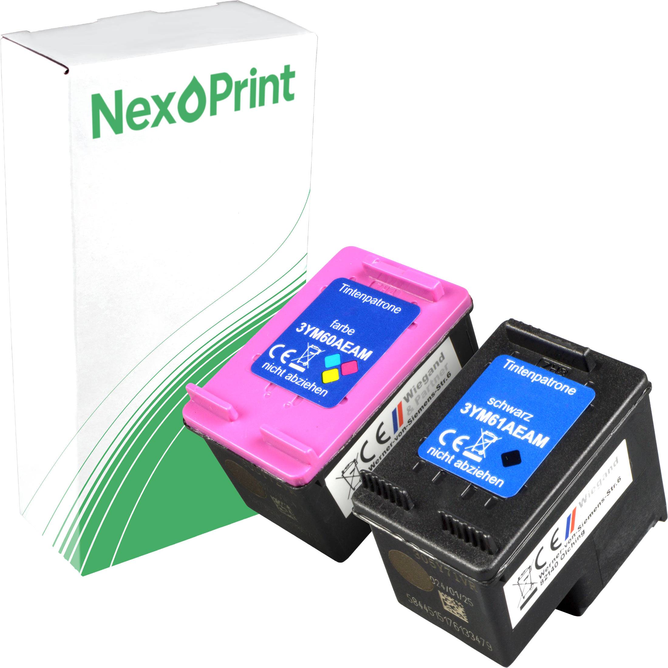 „Zwei NexPrint-Tintenpatronen, eine schwarze und eine magenta, mit CE-Kennzeichnung, vor einer Verpackungsbox mit dem NexPrint-Logo angeordnet.