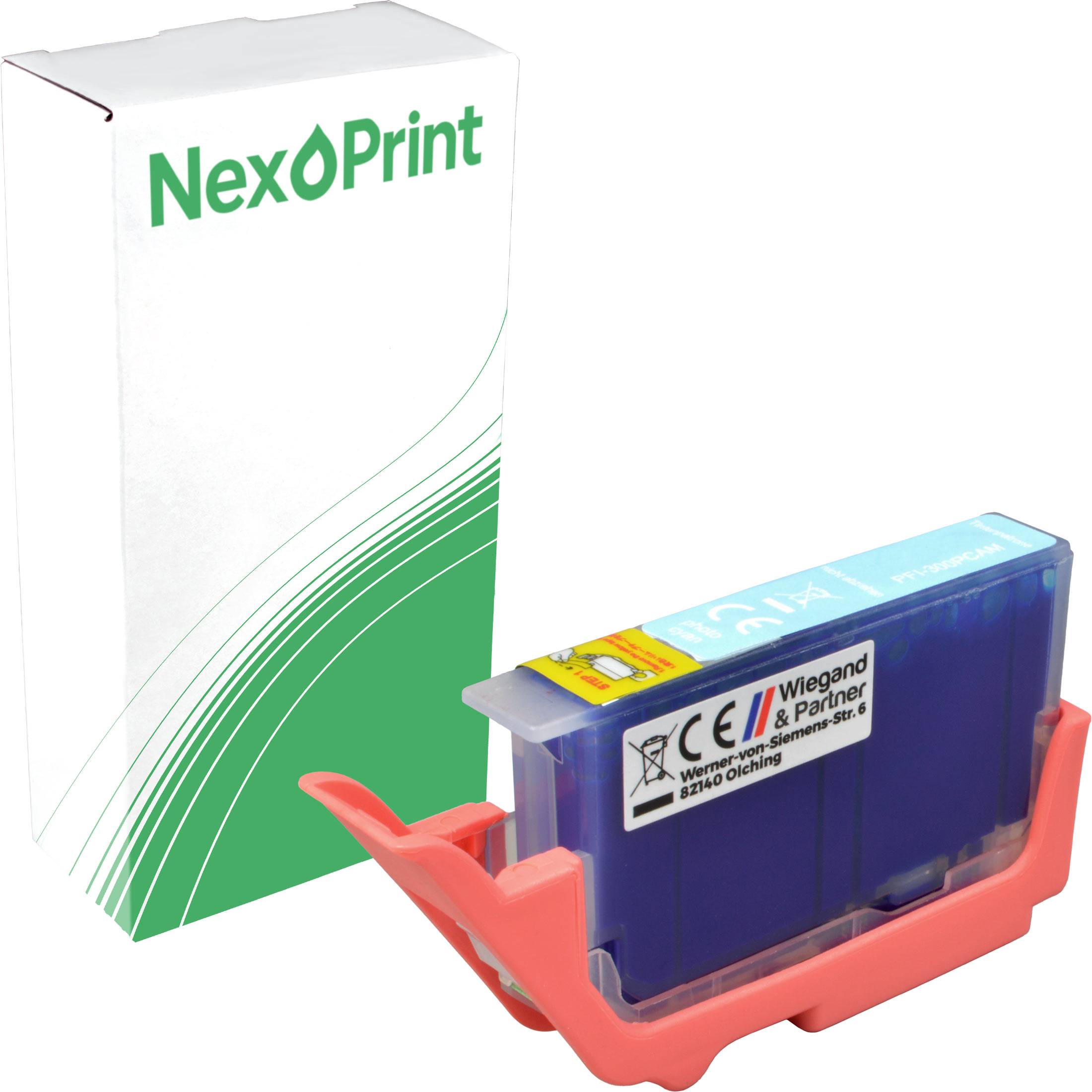 Druckerpatrone mit blauem Etikett und schützender orangefarbener Kappe, gezeigt neben einer weißen Schachtel mit der Aufschrift 