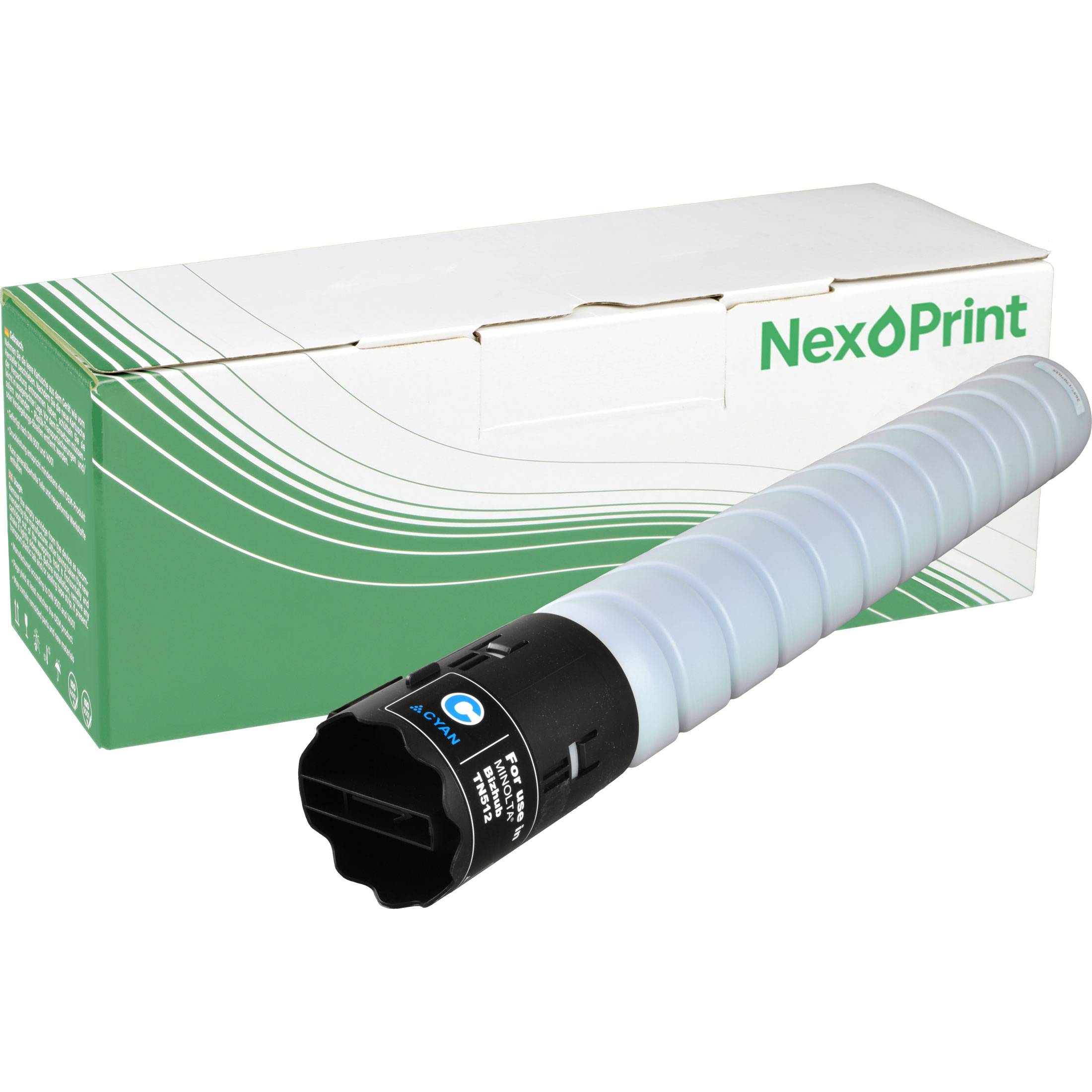 Eine NexPrint-Verpackungsbox mit einer kompatiblen Tonerpatrone im Vordergrund, die ihre schwarze Endkappe und den hellgrauen Körper zeigt.