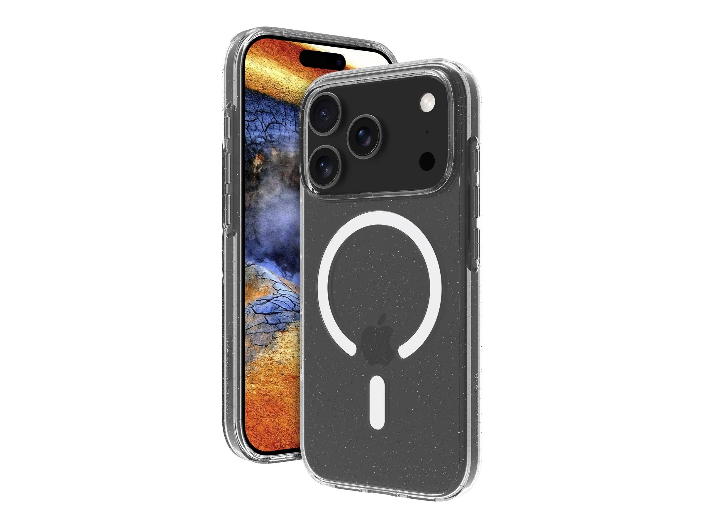 Zwei Smartphones in klaren Schutzhüllen, eine Vorder- und eine Rückseite, wobei die Kameraaussparung und der MagSafe-ähnliche Ring auf der hinteren Hülle hervorgehoben werden.
