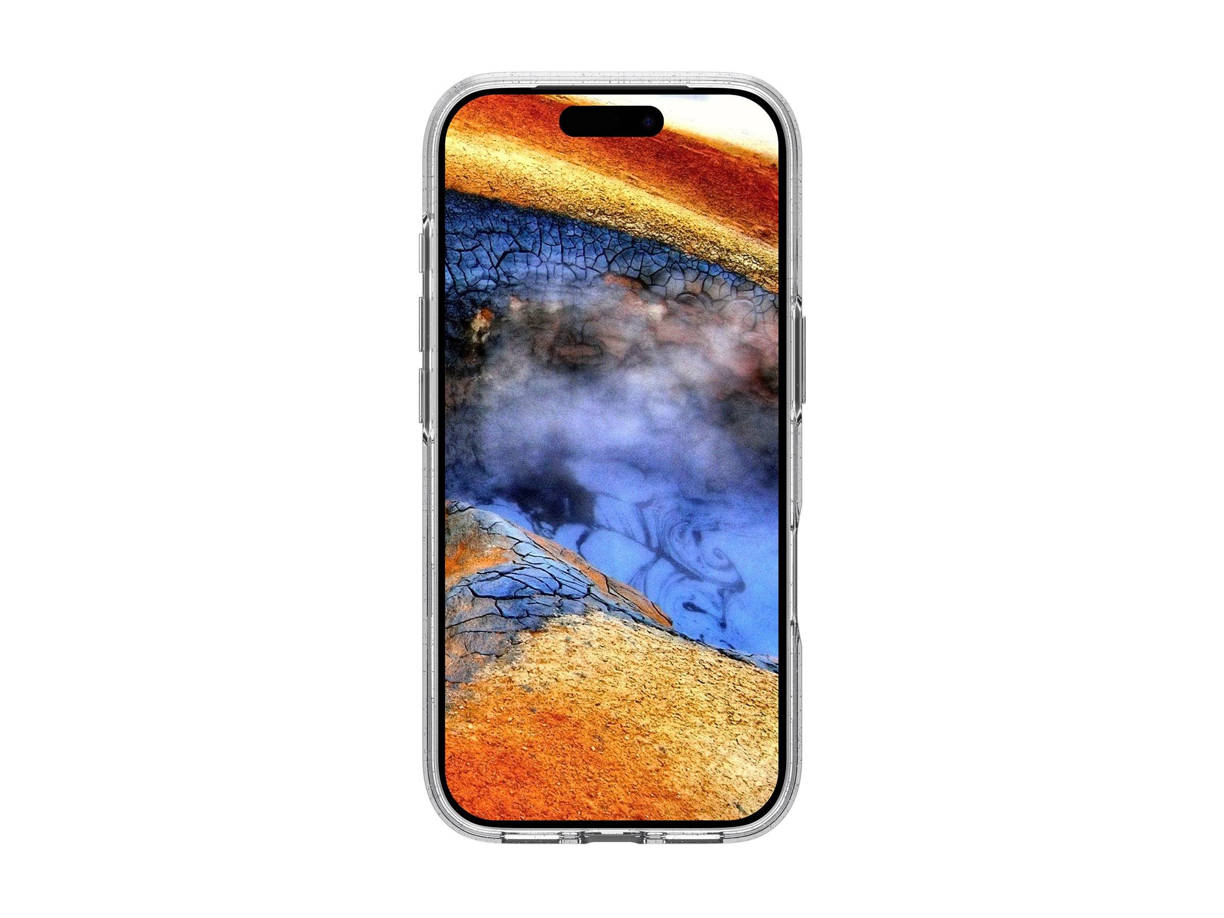 Ein Smartphone mit einem farbenfrohen abstrakten Hintergrund, das orange, blaue und schwarze strukturierte Wirbel zeigt.