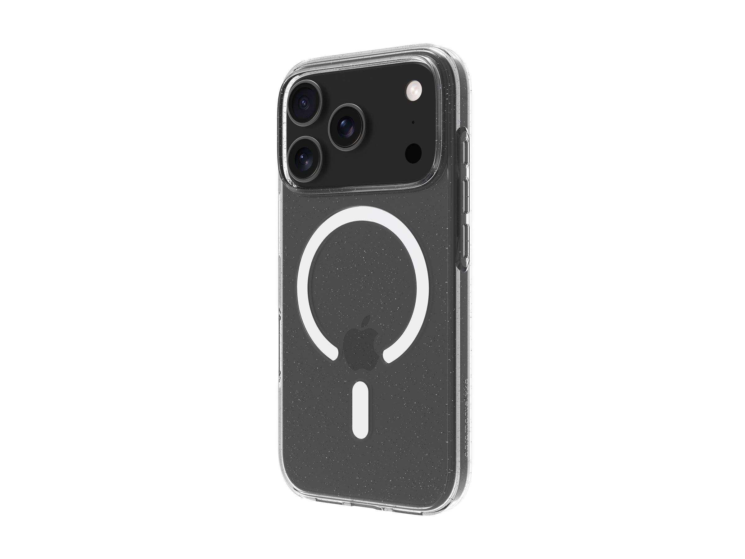 Transparente Handyhülle auf einem dunklen iPhone mit weißem MagSafe-Ring, gezeigt vor einem einfachen Hintergrund.