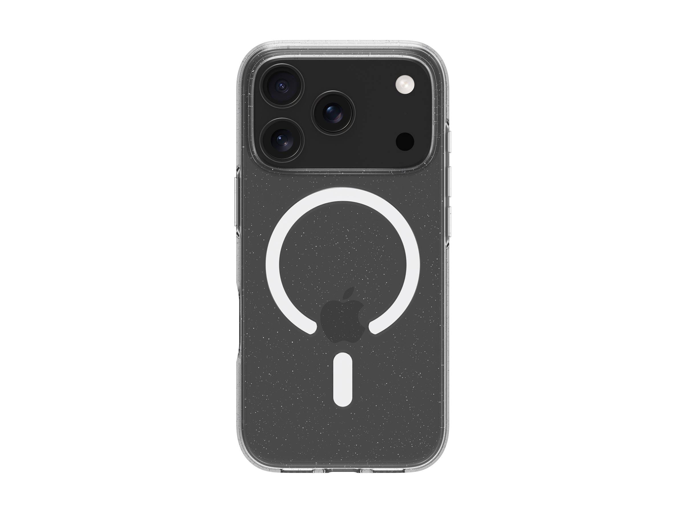 Rückseite eines dunklen iPhones mit einem Triple-Kamera-Modul und MagSafe-Ring-Logo auf einem einfachen weißen Hintergrund.