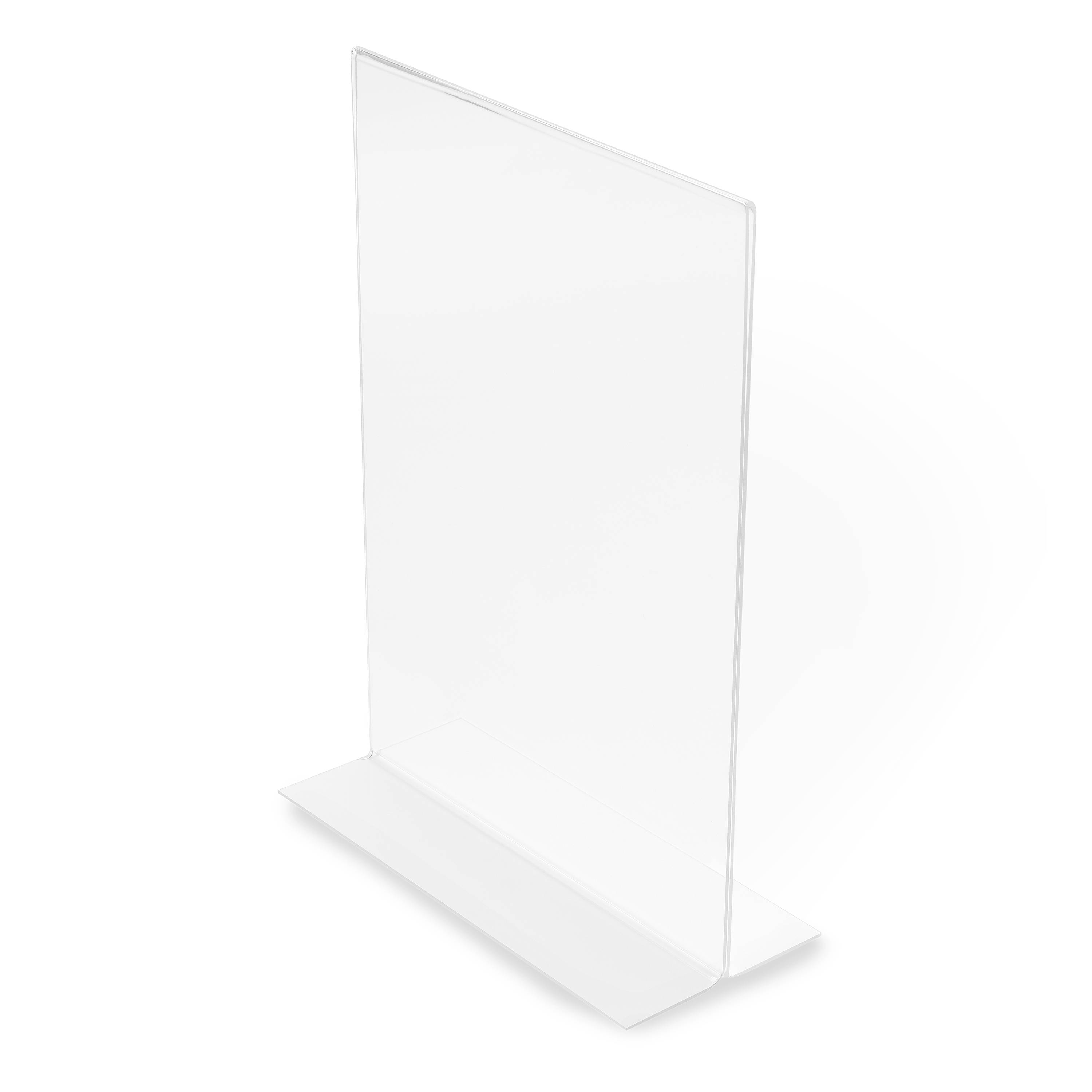 Ein transparenter, aufrechter Acryl-Displayständer mit flacher Basis, gezeigt vor schwarzem Hintergrund, verwendet zum Halten von Schildern oder Menüs.