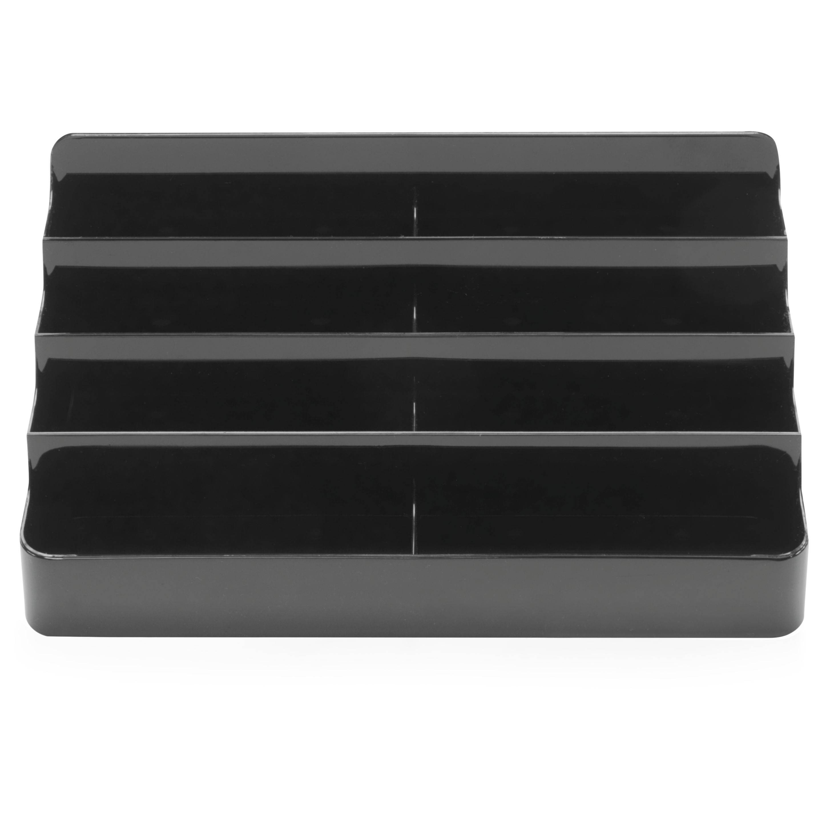 Ein schwarzer Kunststofforganizer mit drei Ebenen und mehreren Fächern, verwendet zum Sortieren oder Lagern von kleinen Gegenständen.