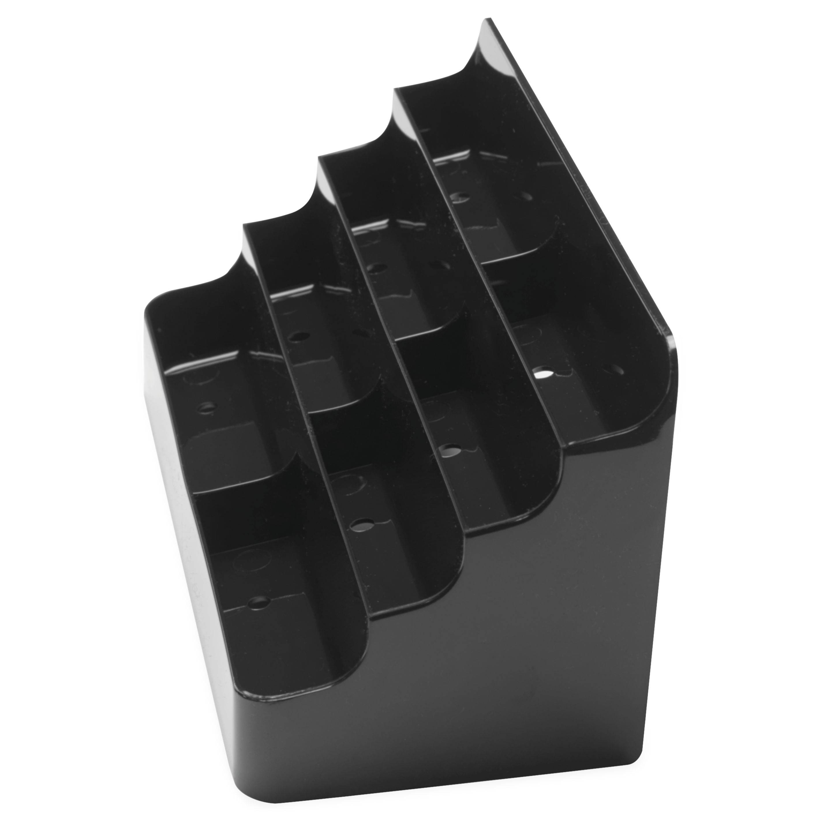 Ein schwarzer, gestufter Schreibtischorganizer mit vier aufsteigenden Fächern zum Lagern von Artikeln wie Stiften, Bleistiften oder kleinen Büroartikeln.