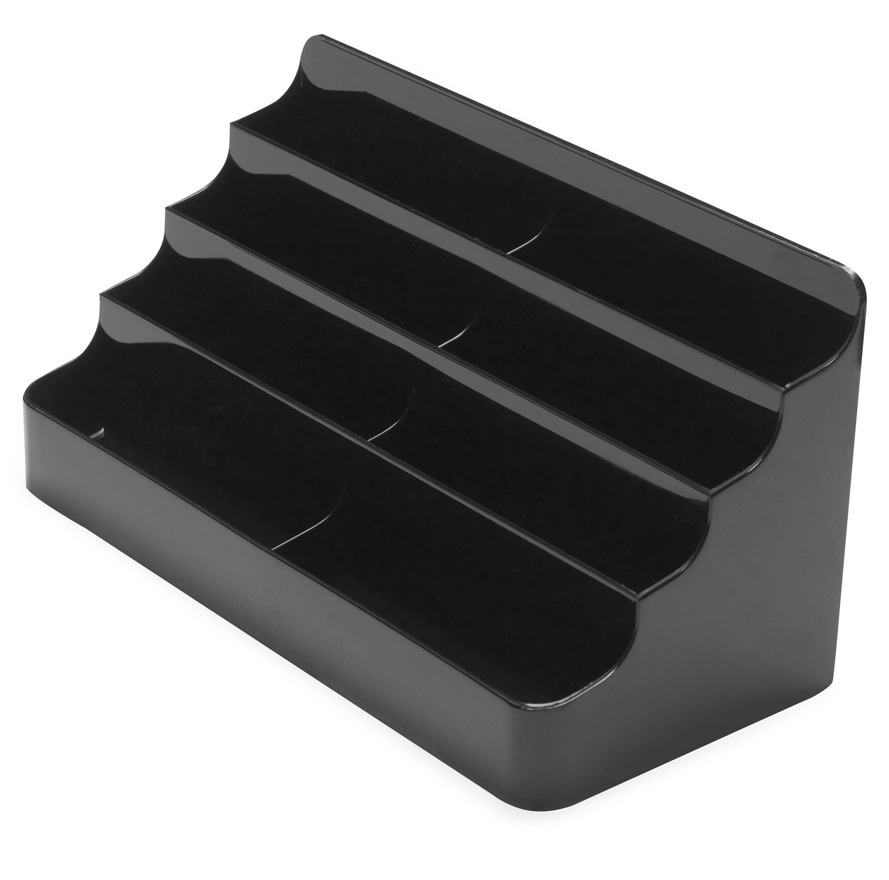 Schwarzer, dreistöckiger Kunststofforganizer mit sechs Fächern zur Aufbewahrung kleiner Gegenstände, geneigt für einfachen Zugriff.