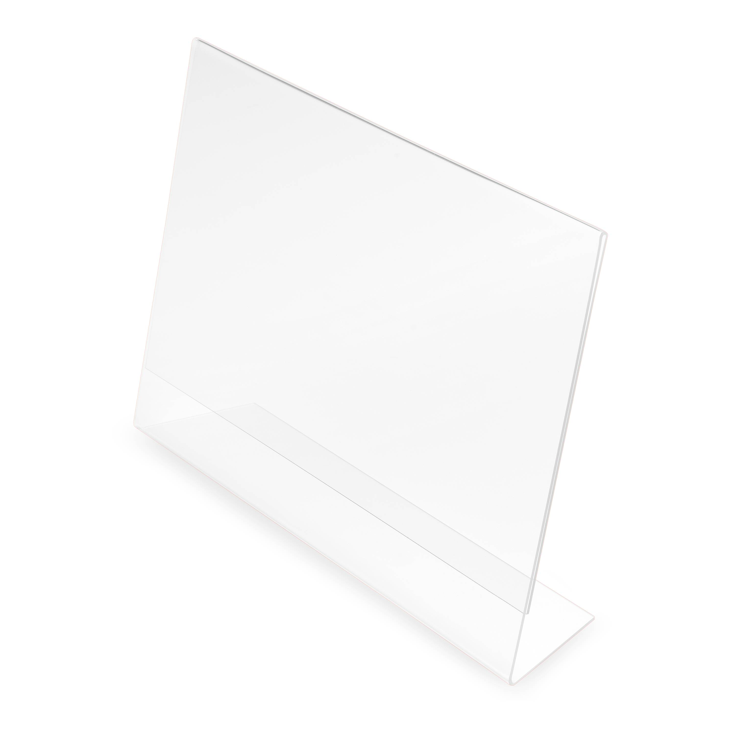 Acryl-Ausstellungsständer mit schrägem Design auf schwarzem Hintergrund.