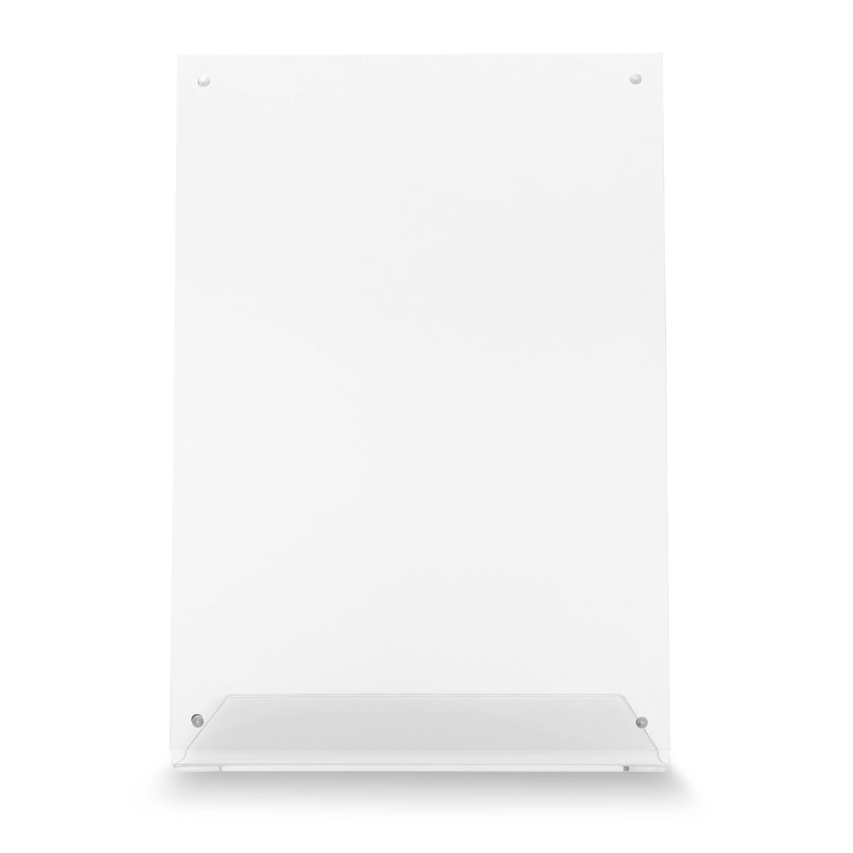 Ein klares, vertikales Acryl-Displayständer mit einer subtilen Spiegelung an der Basis, entworfen zum Halten von Dokumenten oder Werbematerialien.