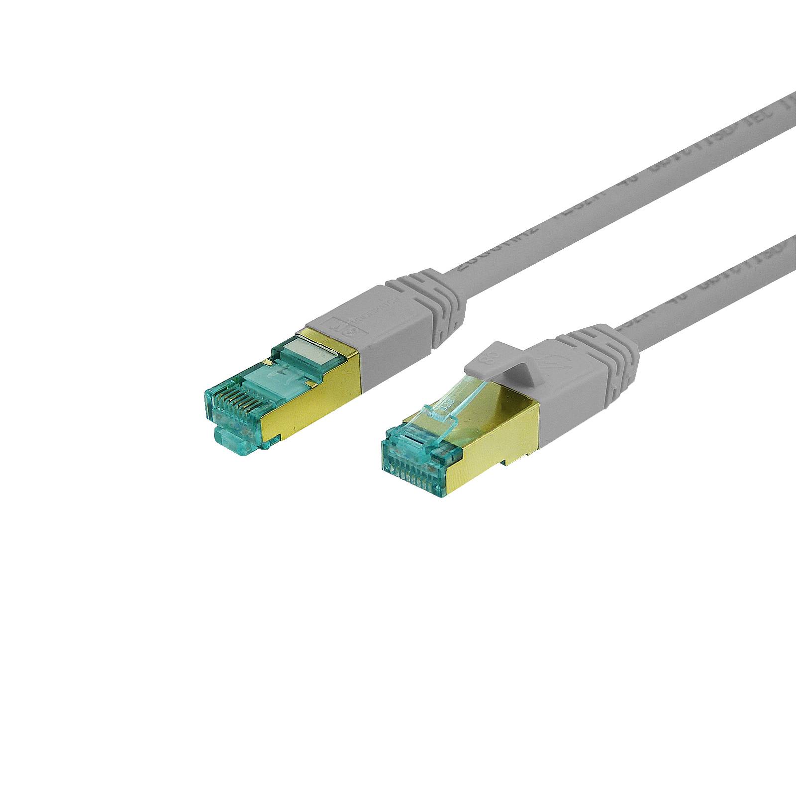 Zwei graue Ethernet-Kabel mit grünen modularen Steckverbindern auf weißem Hintergrund, verwendet für Netzwerk- und Internetverbindungen.