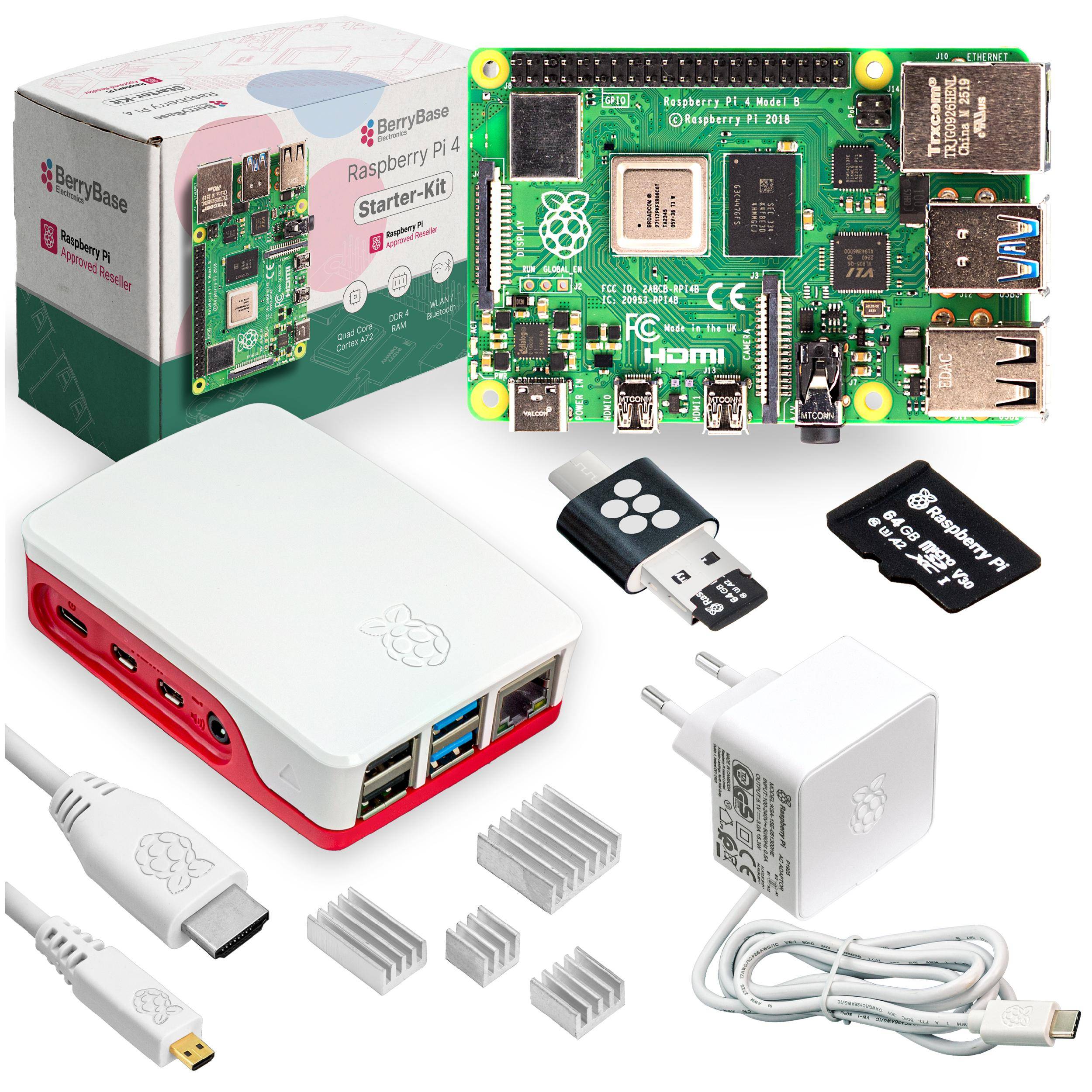 Raspberry Pi 4 Starterkit, 64GB microSDHC inkl. Pi OS, Gehäuse, Netzteil, HDMI-Kabel und Zubehör - RAM: 1GB - Farbe: weiß
