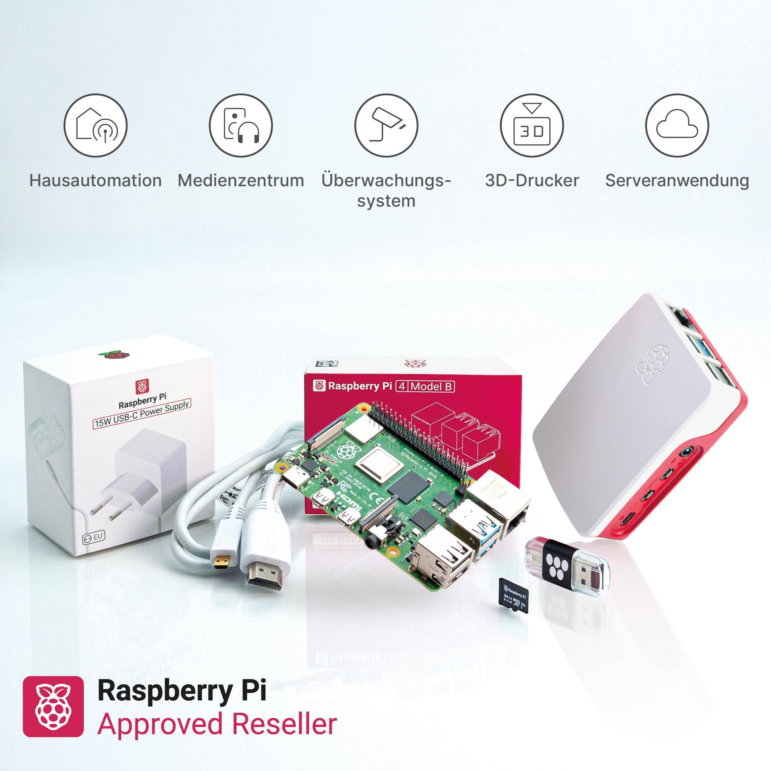 Raspberry Pi Kit' zeigt das Raspberry Pi Board, das Stromkabel und das Schutzgehäuse. Verwendungszwecke: Hausautomation, Mediencenter usw.