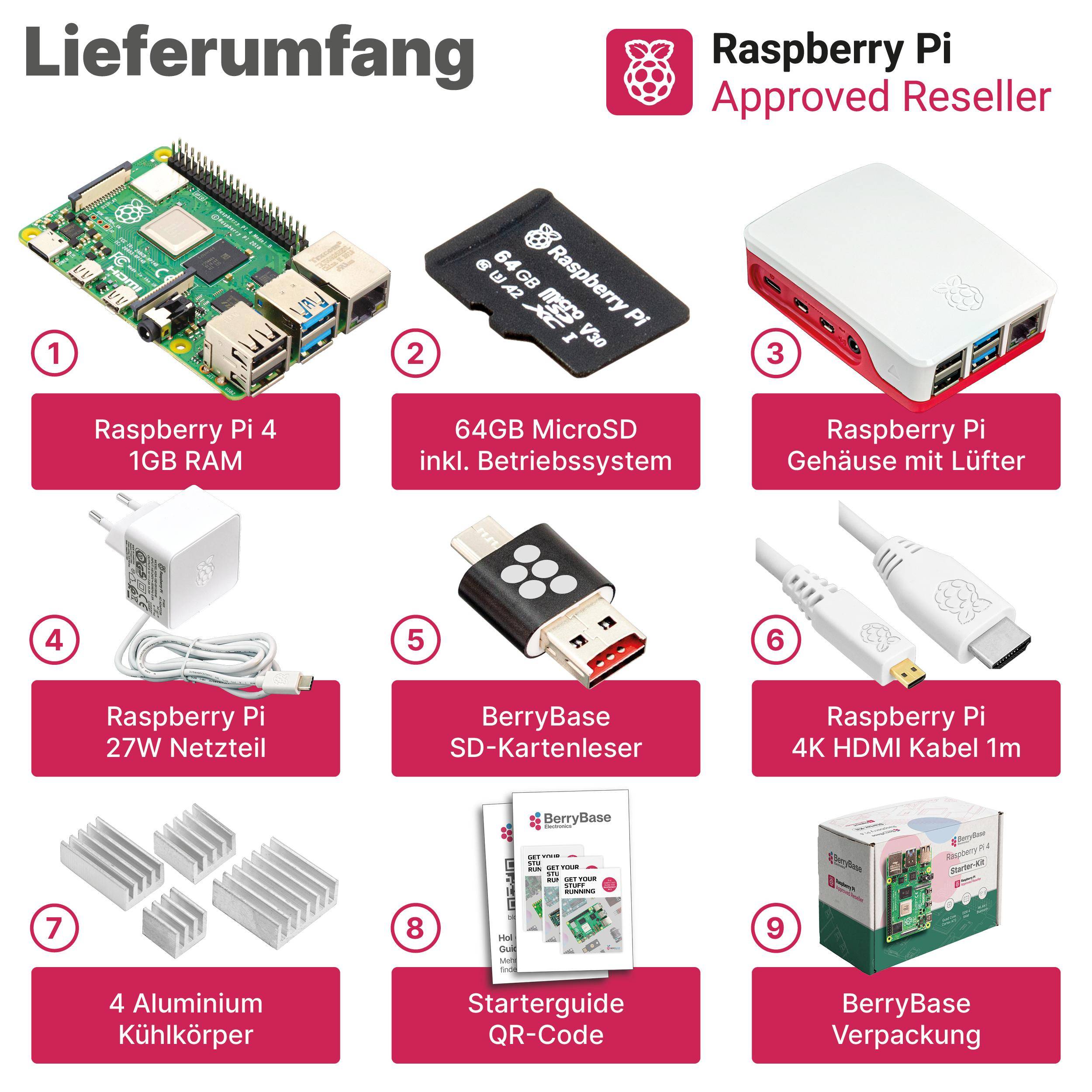 Raspberry Pi 4 Starterkit, 64GB microSDHC inkl. Pi OS, Gehäuse, Netzteil, HDMI-Kabel und Zubehör - RAM: 1GB - Farbe: weiß