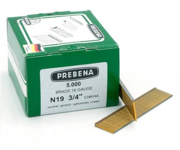 Eine grüne Schachtel mit der Bezeichnung „Prebena Brads 16 Gauge N19 3/4