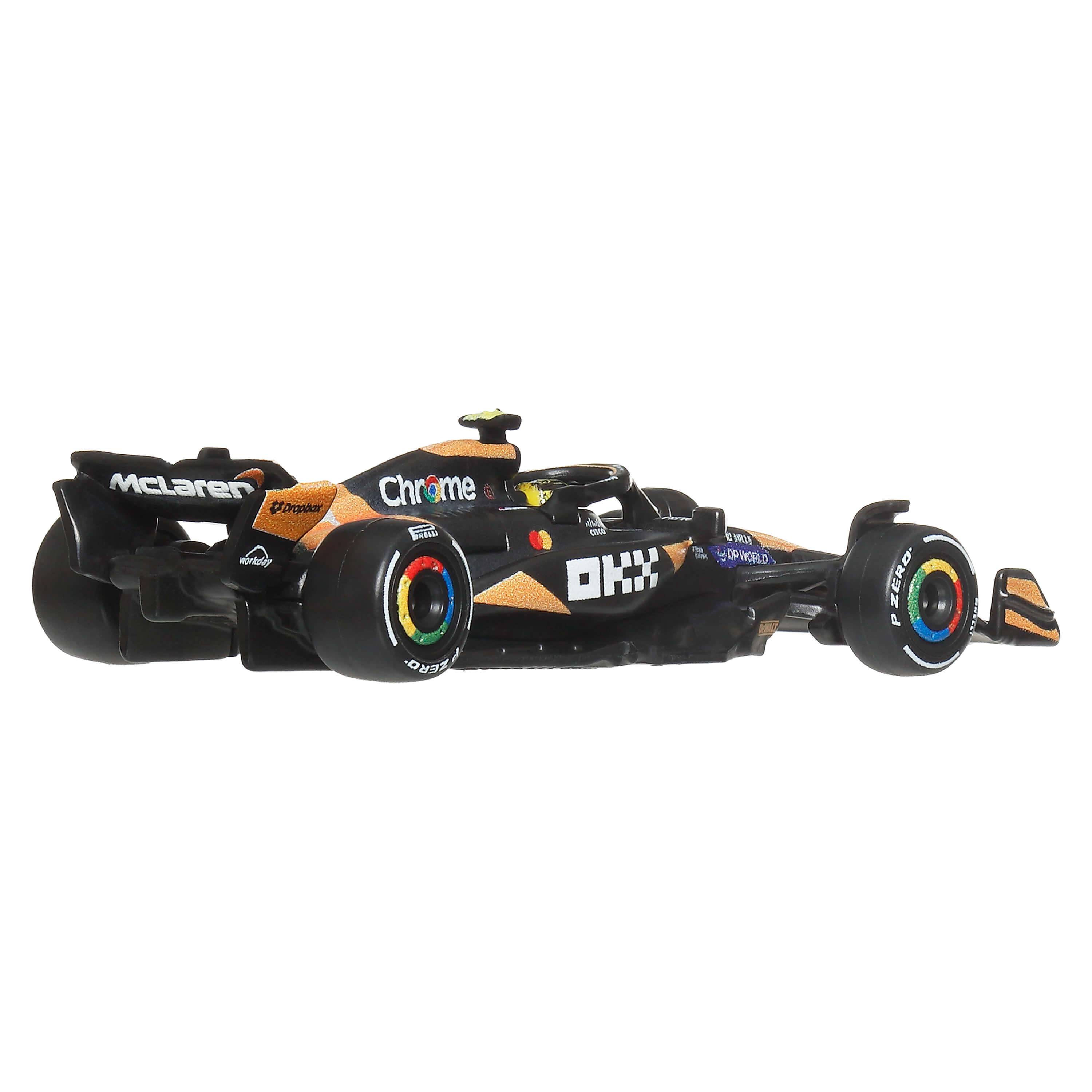 Ein Modell eines McLaren Formel-1-Rennwagens mit prominenter Markenidentität und Details, von einer Seitenansicht aus betrachtet.