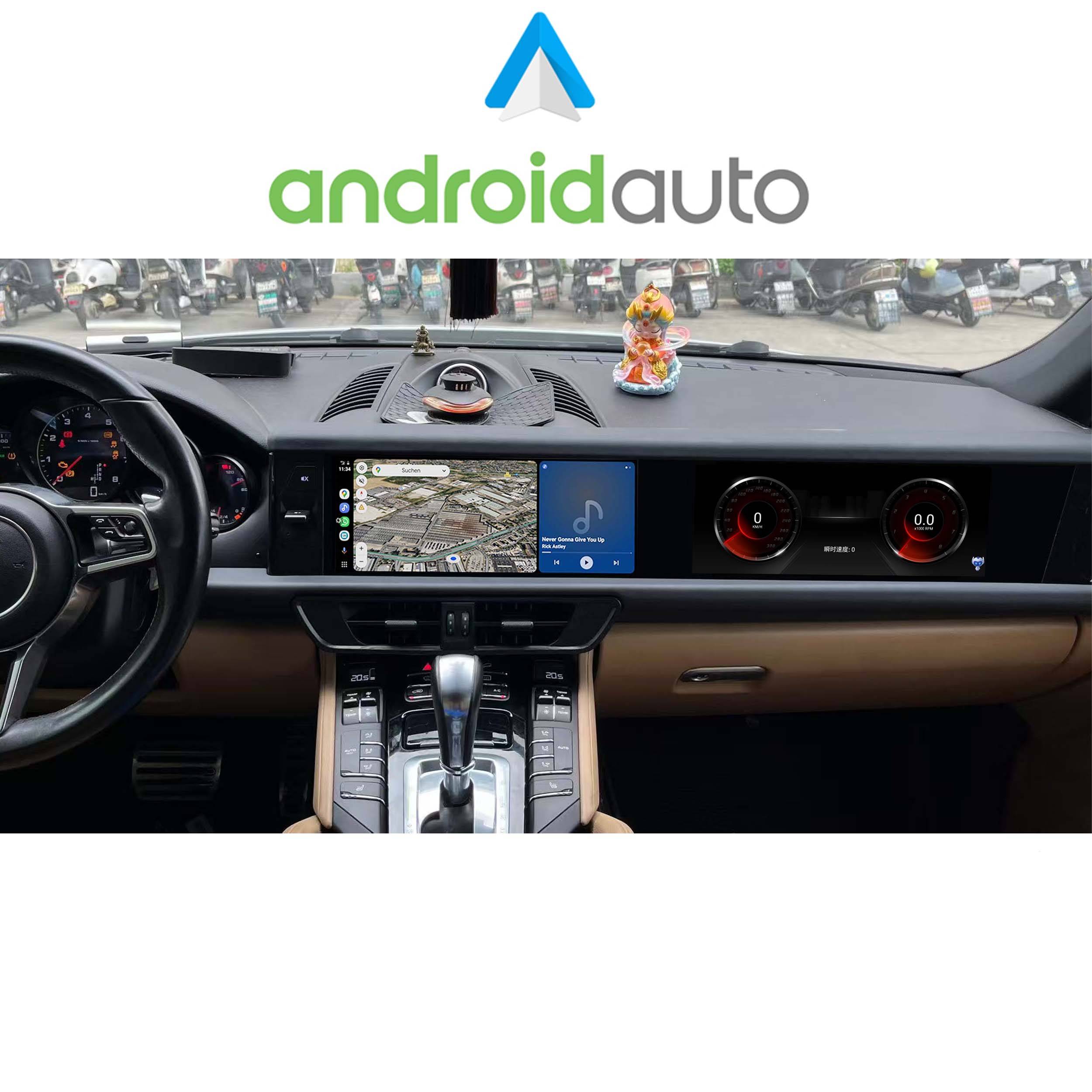 Android Auto'-Oberfläche auf einem Autodisplay angezeigt, mit Navigationsmap und umgebendem Verkehr sowie Dashboardsteuerelementen.