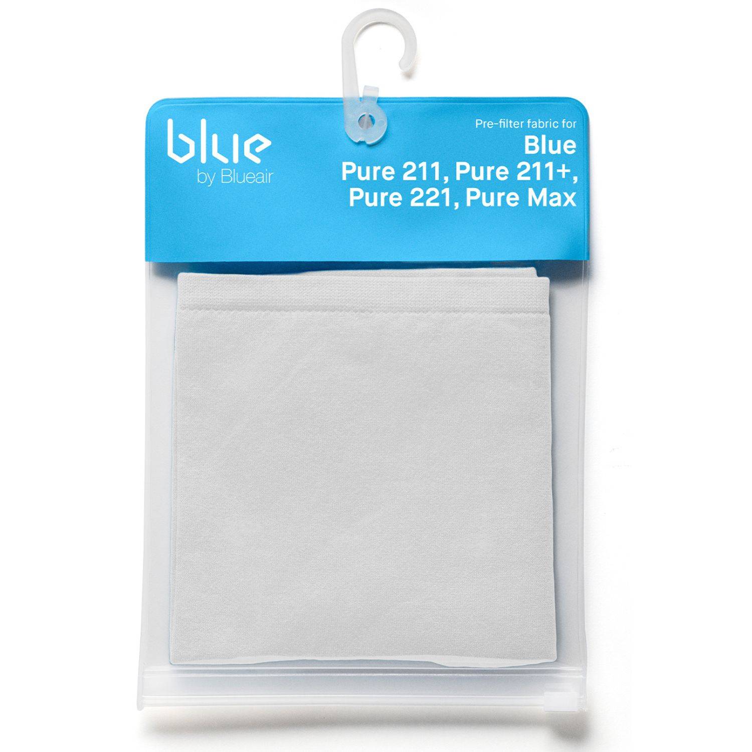 Blueair Vorfilter-Stoff-Verpackung für Blue-Modelle Pure 211, Pure 211+, Pure 221, Pure Max, angezeigt mit Aufhängehaken.