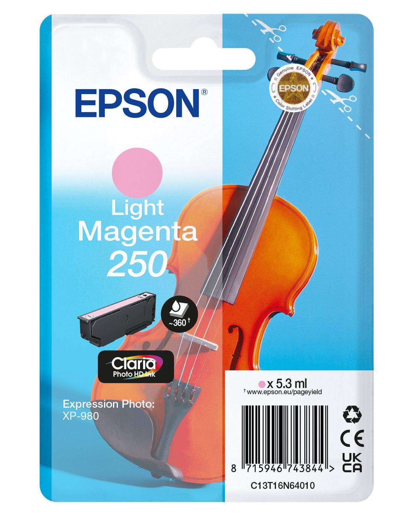 Epson Hell-Magenta 250 Tintenpatrone für Expression Photo XP-980, mit Violinen-Abbildung, 5,3 ml, Barcode und Claria Photo HD Branding.